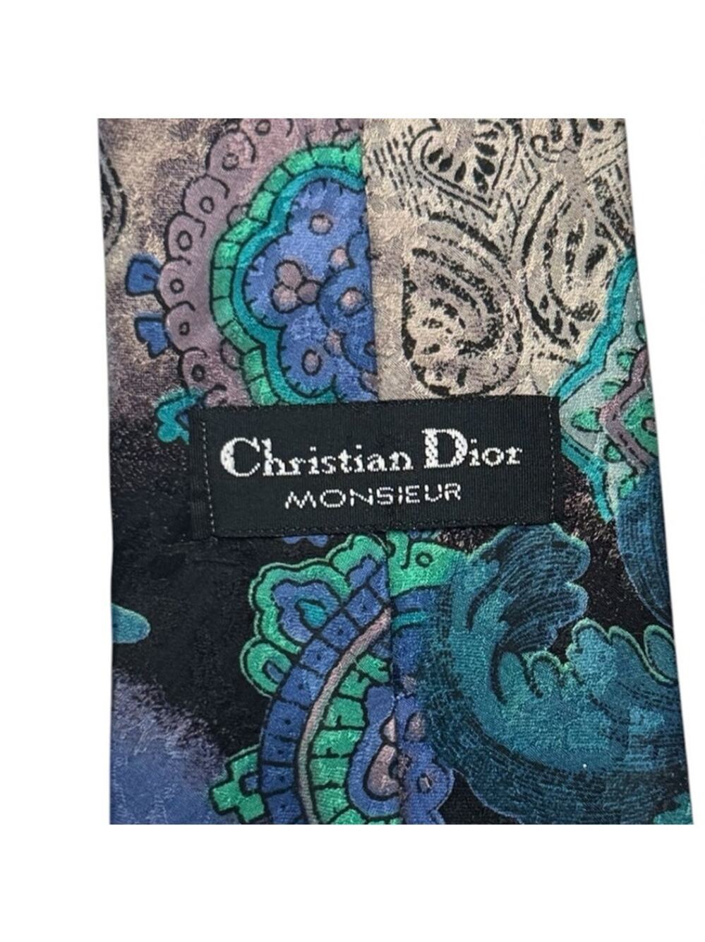 VTG Christian Dior Monsieur 100% Silk 80s Necktie Blue Green Watercolor Paisley